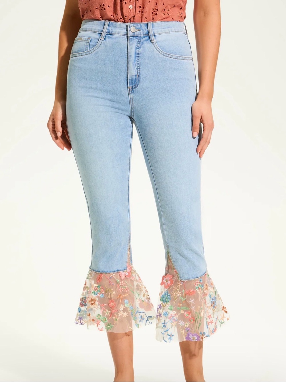 NWT: Light Blue Mid-Rise Cropped Flare Jeans with Floral Lace Hem- Fun & Flirty